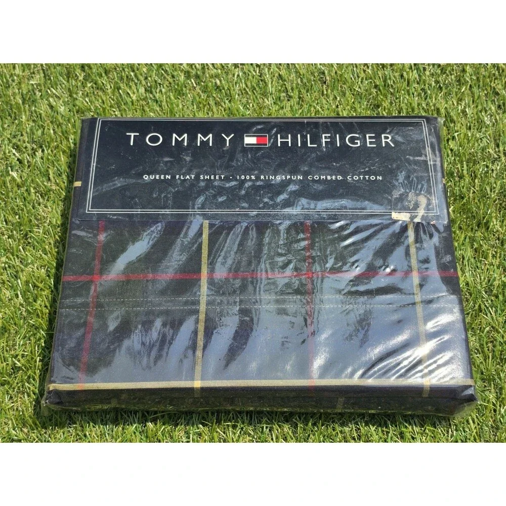 Vtg NOS Tommy Hilfiger Queen Flat Sheet 100% Ringspun Combed Cotton Olive Plaid